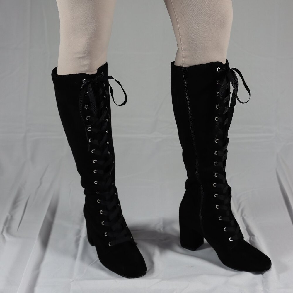 Knee High Front Lace Detail Vegan Black Suede Boots 6-1/2 Chunky High Heel